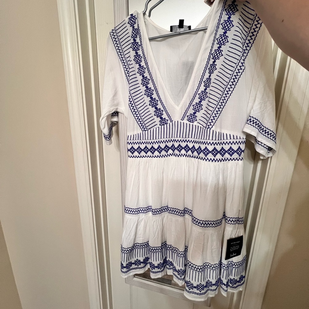 Lulu's White and Blue Embroidered Mini Dress